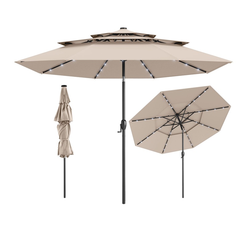 10 Feet Solar Patio Umbrella with 32 LED Lights 3-Tier Vented Top, Beige