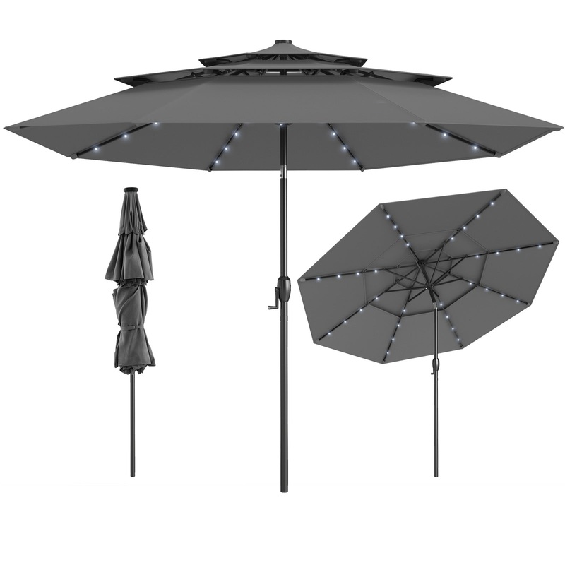 10 Feet Solar Patio Umbrella with 32 LED Lights 3-Tier Vented Top, Gray