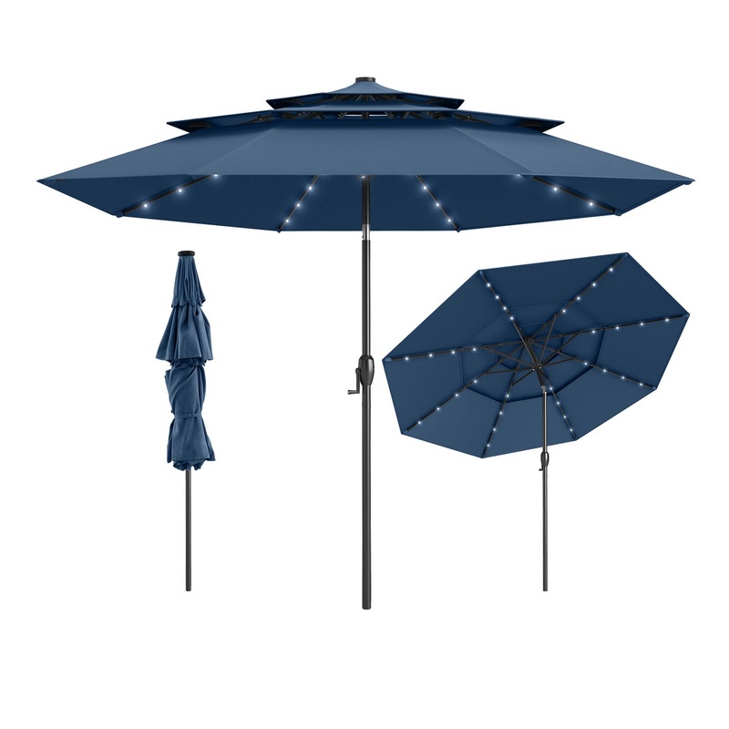 10 Feet Solar Patio Umbrella with 32 LED Lights 3-Tier Vented Top, Navy