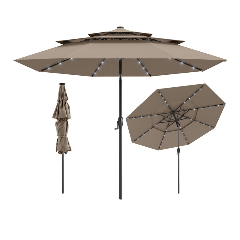 10 Feet Solar Patio Umbrella with 32 LED Lights 3-Tier Vented Top, Taupe