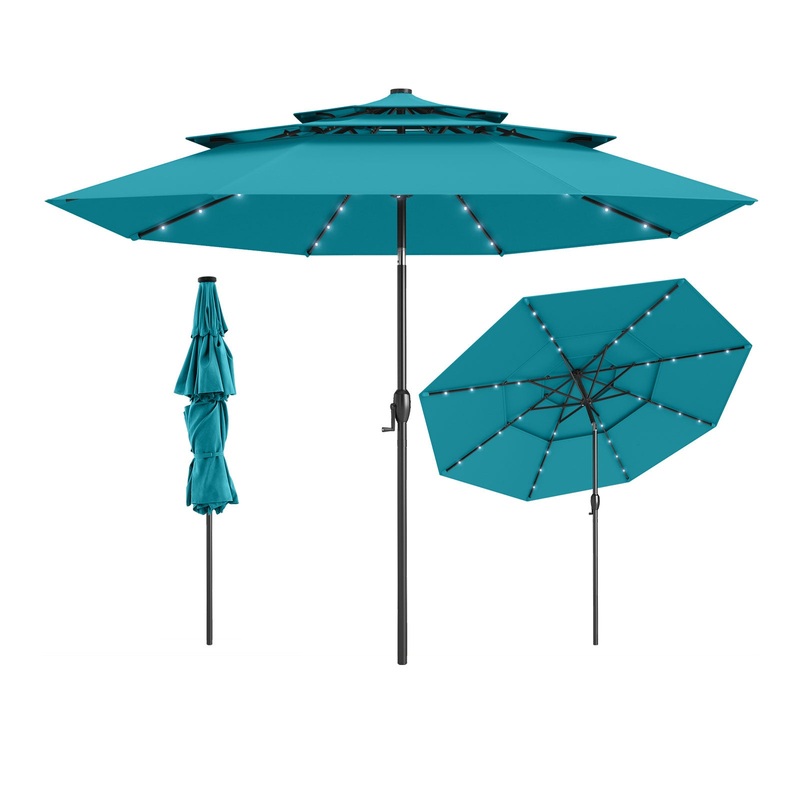 10 Feet Solar Patio Umbrella with 32 LED Lights 3-Tier Vented Top, Turquoise