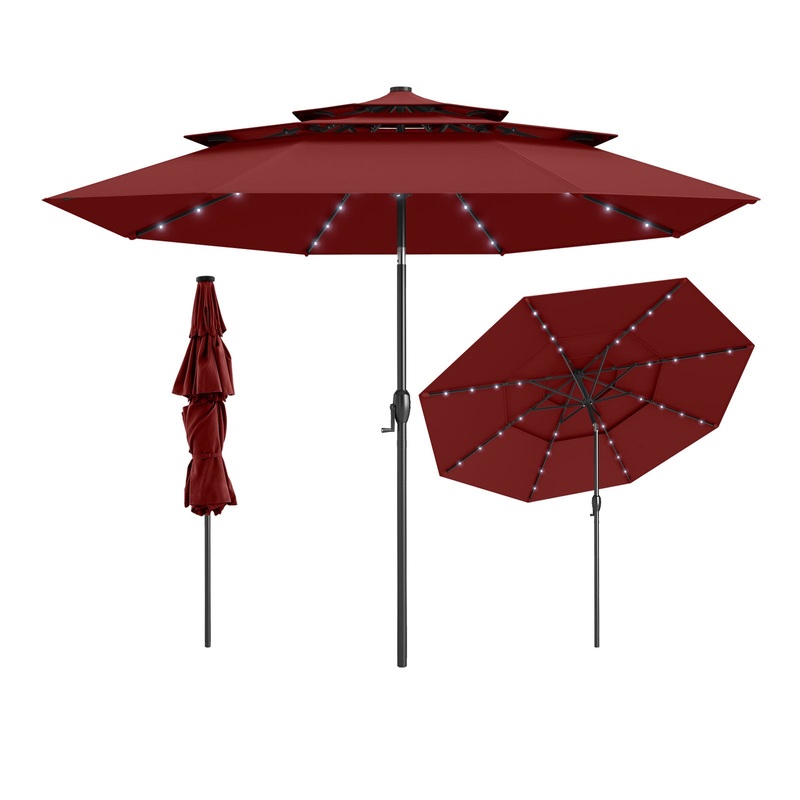 10 Feet Solar Patio Umbrella with 32 LED Lights 3-Tier Vented Top, Wine