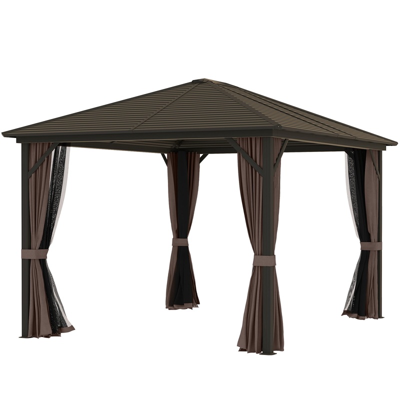 10′ x 12′ Deluxe Hardtop Gazebo Aluminum Frame Patio Gazebo Garden Sun Shelter Outdoor Pavilion, Coffee