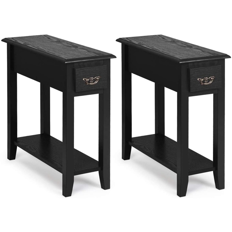2 Pieces 2 Tier Sofa Side End Table with Drawer and Open Shelf, Black