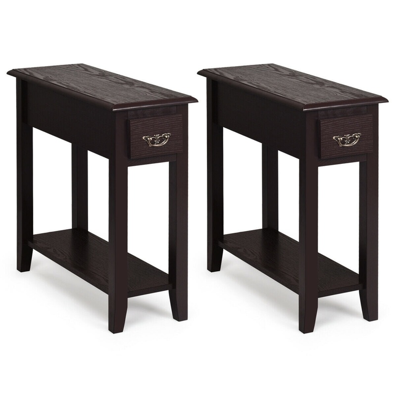 2 Pieces 2 Tier Sofa Side End Table with Drawer and Open Shelf, Dark Brown