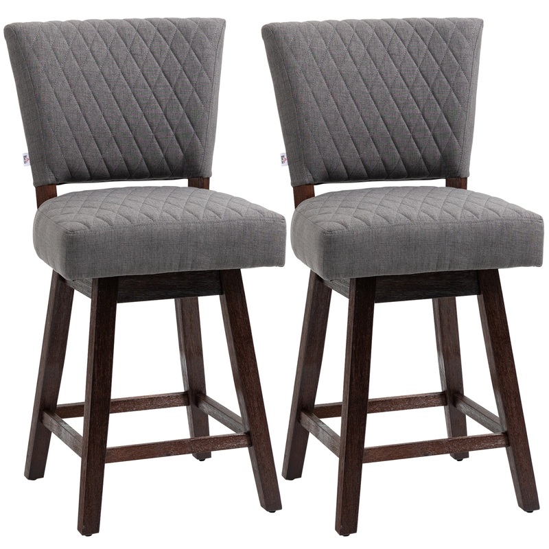 2 Swivel Bar Stools, Counter Height, Wood Legs, Footrests, Dark Grey