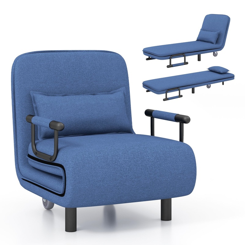 3-in-1 Convertible Sofa Bed with 5-Position Adjustable Backrest and Lumbar Pillow, Blue