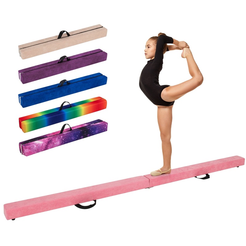 9 FT Folding Gymnastics Balance Beam with Anti-slip Base and Pine Wood Frame, Pink