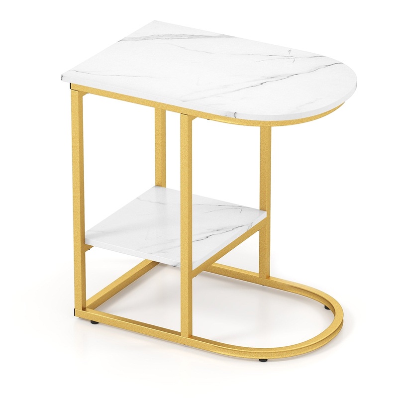 C-shaped Modern Sofa Side Table with Faux Marble Tabletop and Storage Shelf, White