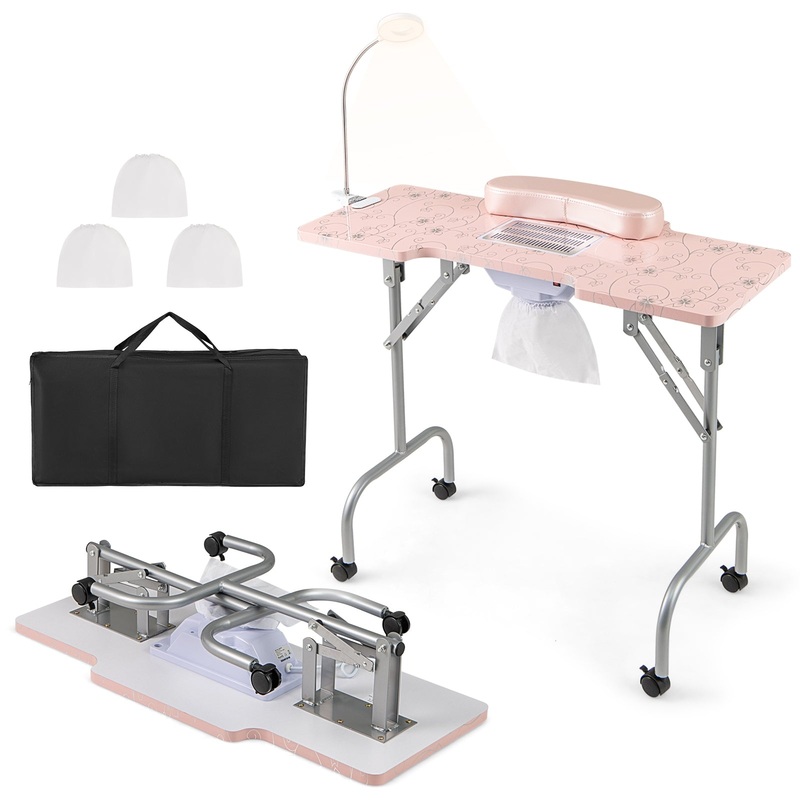 Folding Manicure Nail Table with Electric Dust Collector, Pink
