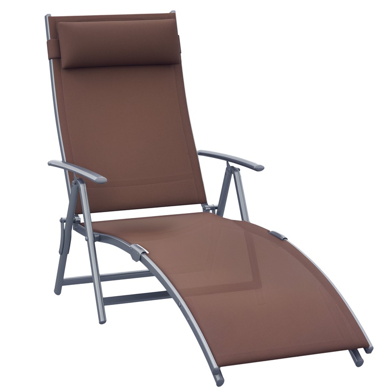 Heavy-duty Adjustable Folding Reclining Chair Outdoor Sun Lounger Patio Chaise Lounge Garden Beach Gravity Lounge with Pillow, 7 Adjustable Backrest Positions, Brown
