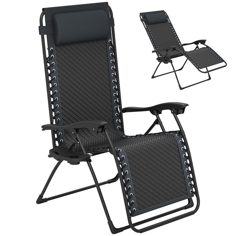 Wicker Folding Lounge Chair, Adjustable Backrest, Rattan Recliner with Headrest, Side Table Tray, Black