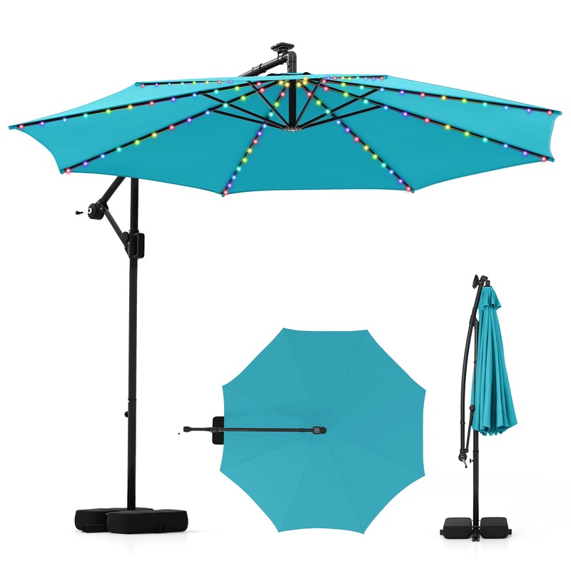 10 Feet Solar Offset Hanging Umbrella with Base and LED Lights, Turquoise