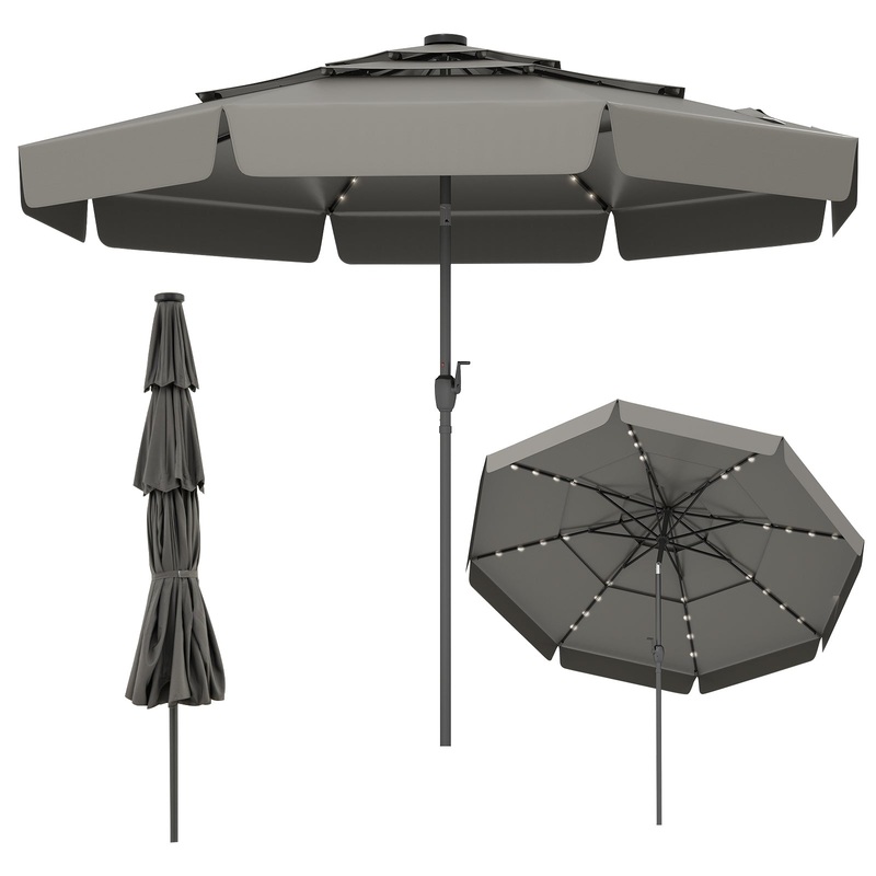 10 Feet Solar Patio Umbrella with 3-Tier Vented Top, Gray