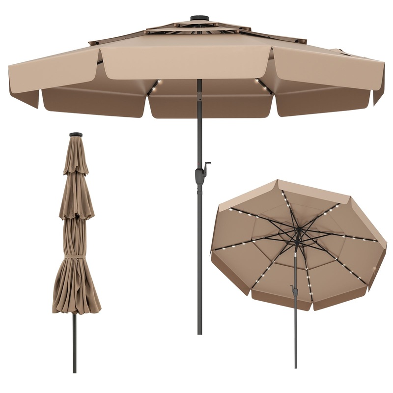 10 Feet Solar Patio Umbrella with 3-Tier Vented Top, Taupe