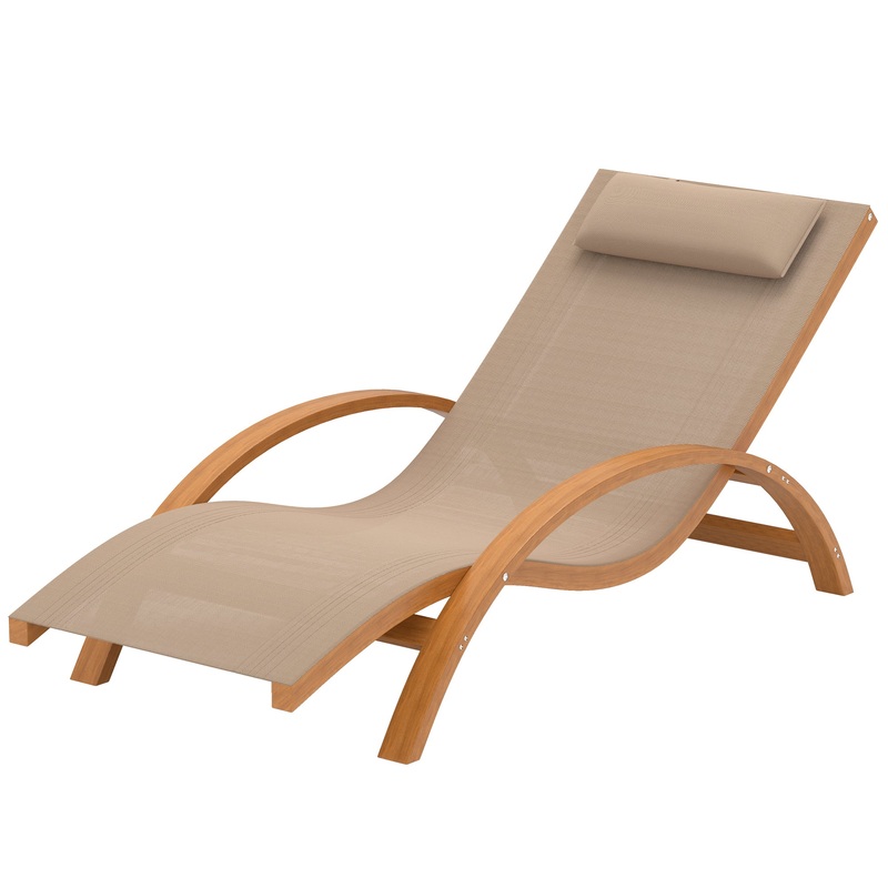 Outdoor Wood Chaise Lounge Chair Recliner Patio Camping with Headrest, Teak &; Light Khaki