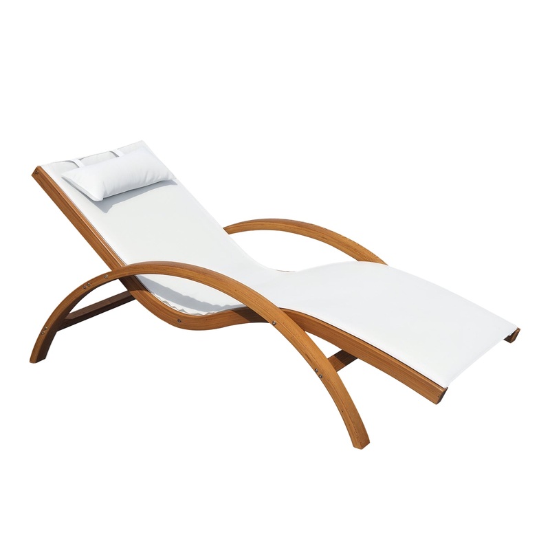 Outdoor Wood Sling Chaise Lounge, Garden Mesh Lounger, Cream