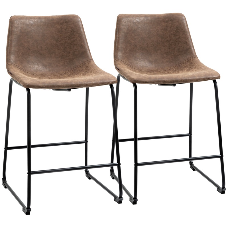 Vintage PU Leather Bar Stools, Set of 2, Counter Height, Brown