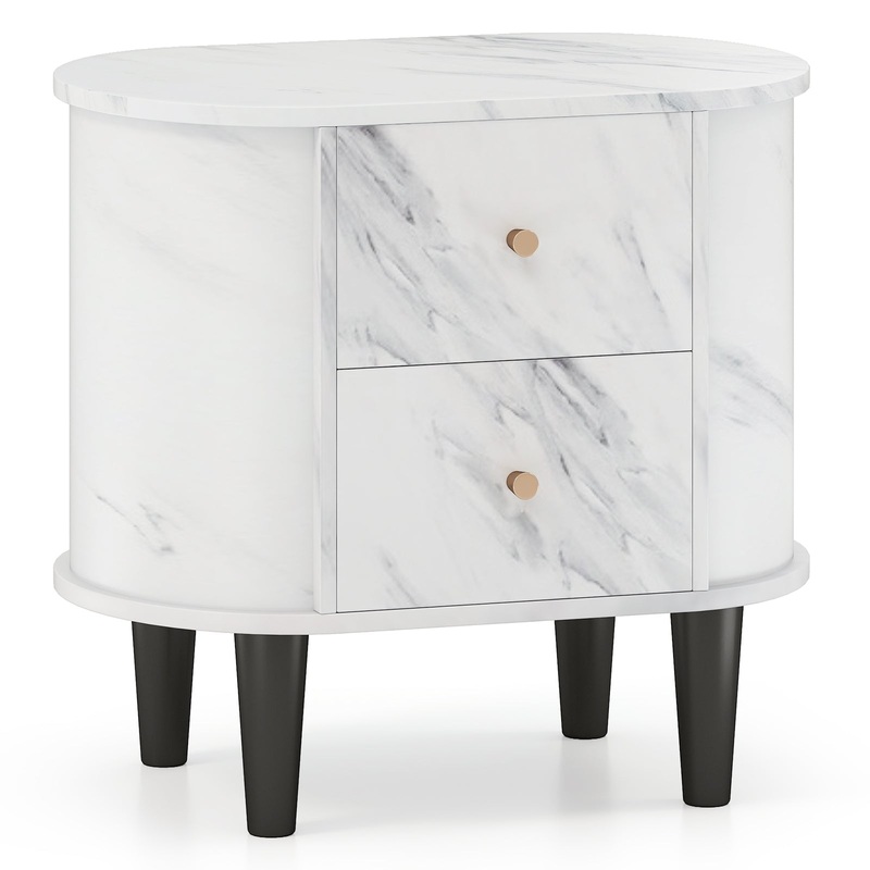 2-Drawer Nightstand Modern Faux Marble Bedside Table with Storage, White