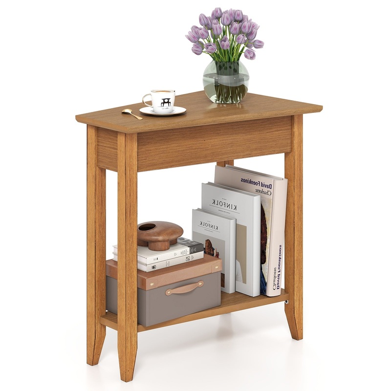 2-Tier Wedge Narrow End Table with Storage Shelf and Solid Wood Legs, Walnut
