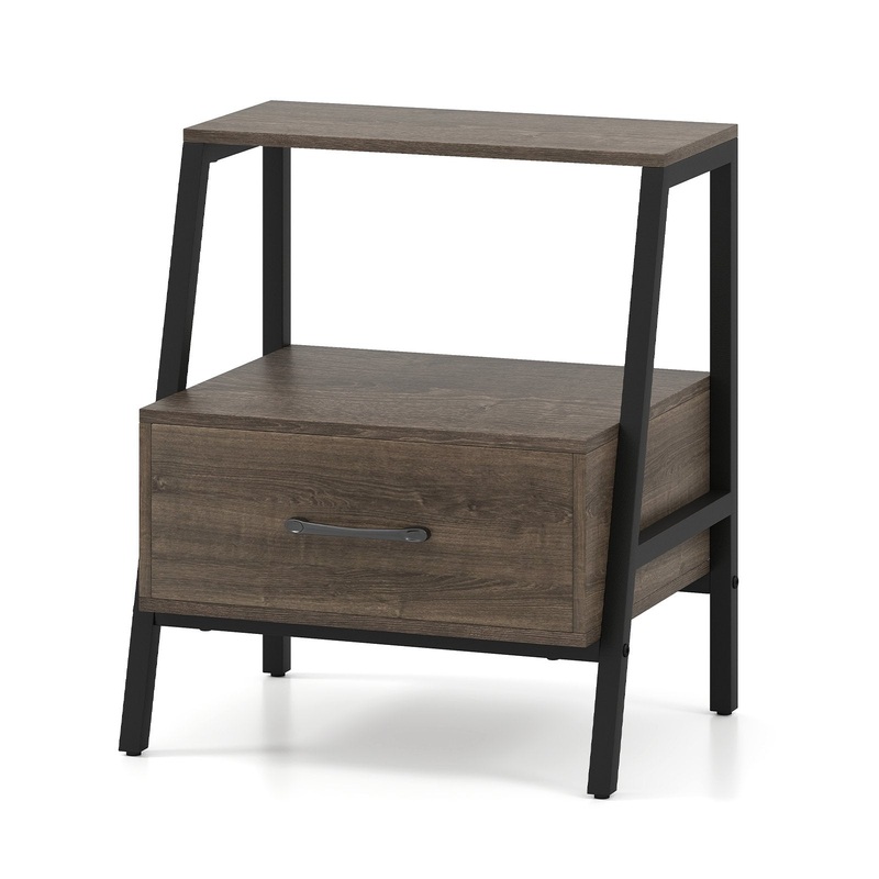 3-Tier Farmhouse Nightstand with Open Shelf, Gray
