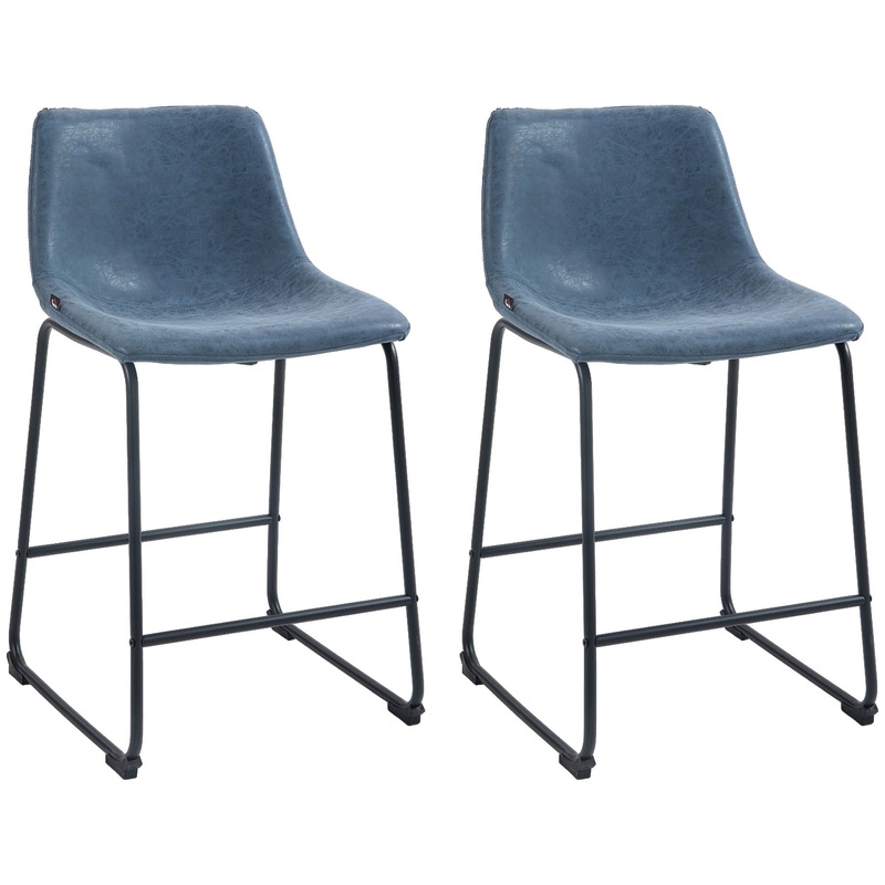 Vintage PU Leather Bar Stools, Set of 2, w/ Footrest, Blue