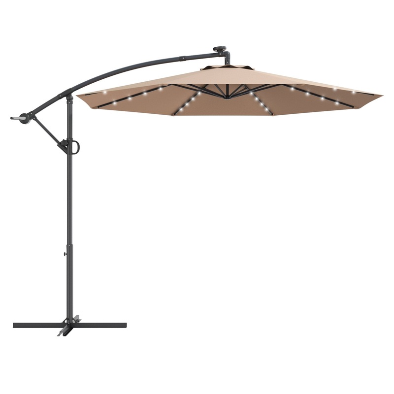 10 ft 360 Rotation Solar Powered LED Patio Offset Umbrella without Weight Base, Beige