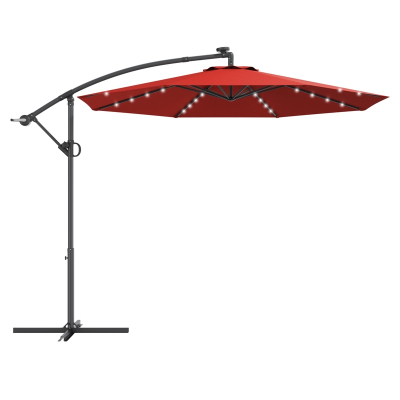10 ft 360 Rotation Solar Powered LED Patio Offset Umbrella without Weight Base, Dark Red