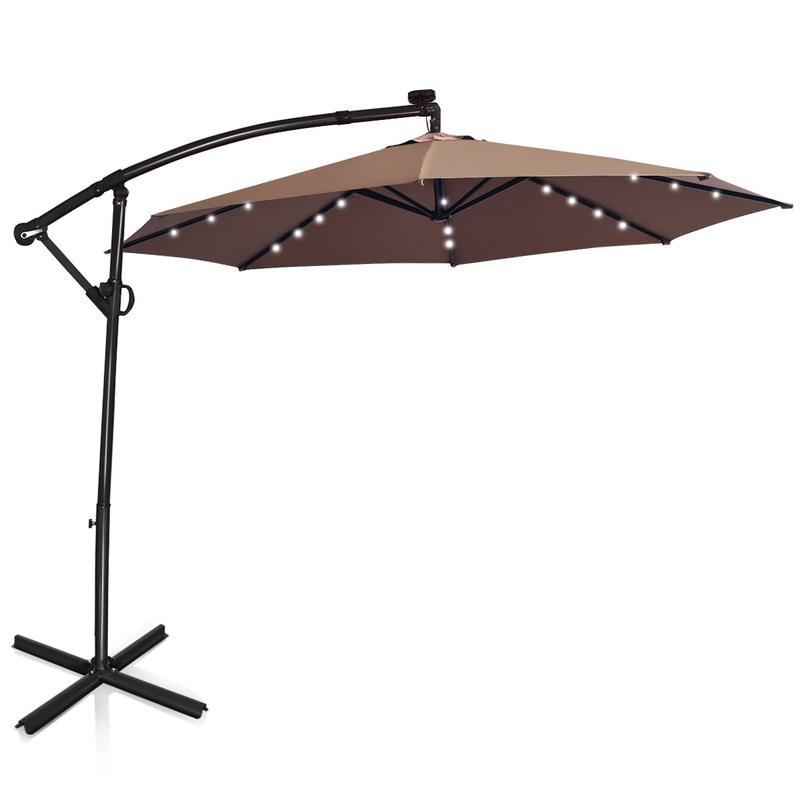 10 ft 360 Rotation Solar Powered LED Patio Offset Umbrella without Weight Base, Tan