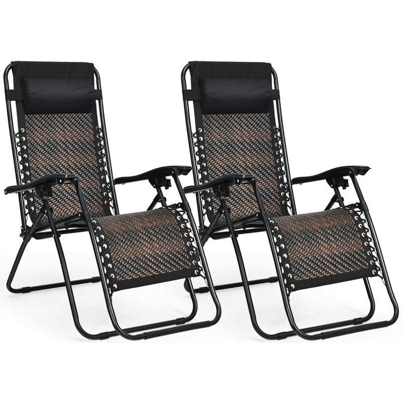 2 Pieces Folding Patio Rattan Zero Gravity Lounge Chair, Brown
