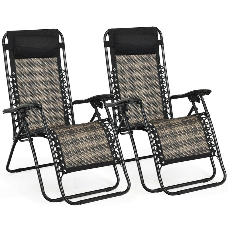 2 Pieces Folding Patio Rattan Zero Gravity Lounge Chair, Gray