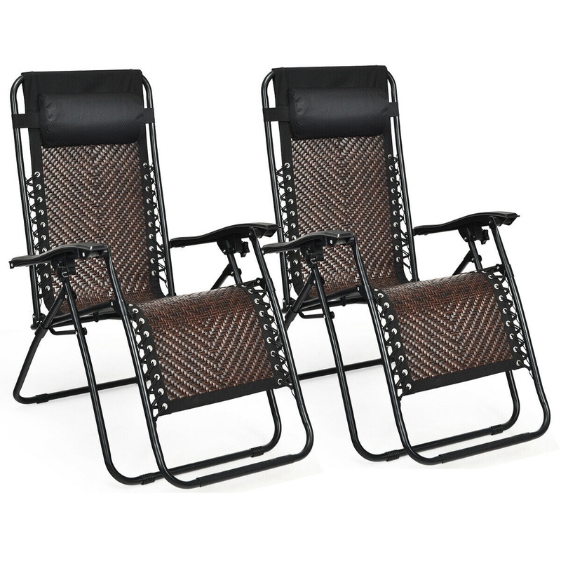 2 Pieces Folding Patio Rattan Zero Gravity Lounge Chair, Light Brown