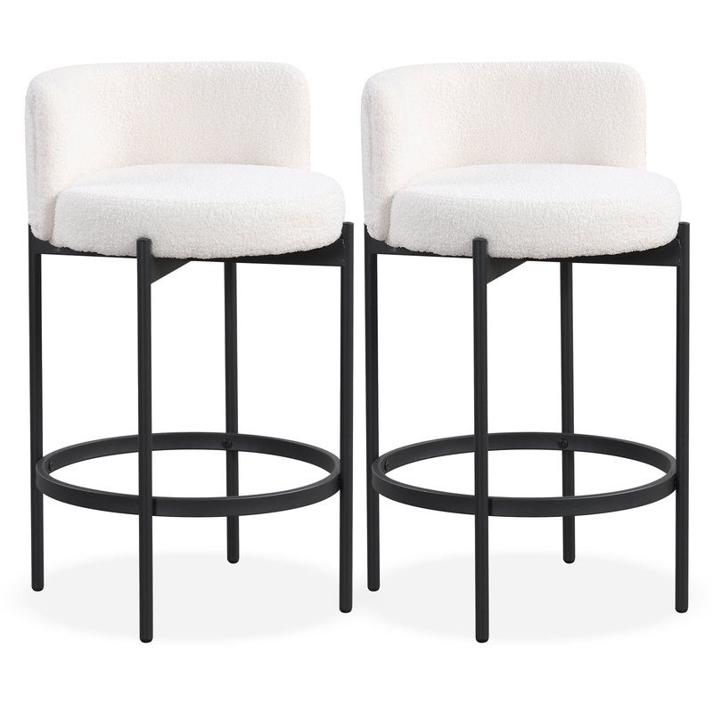 24 Inch Boucle Counter Stools Set of 2 with Curved Backrest, White