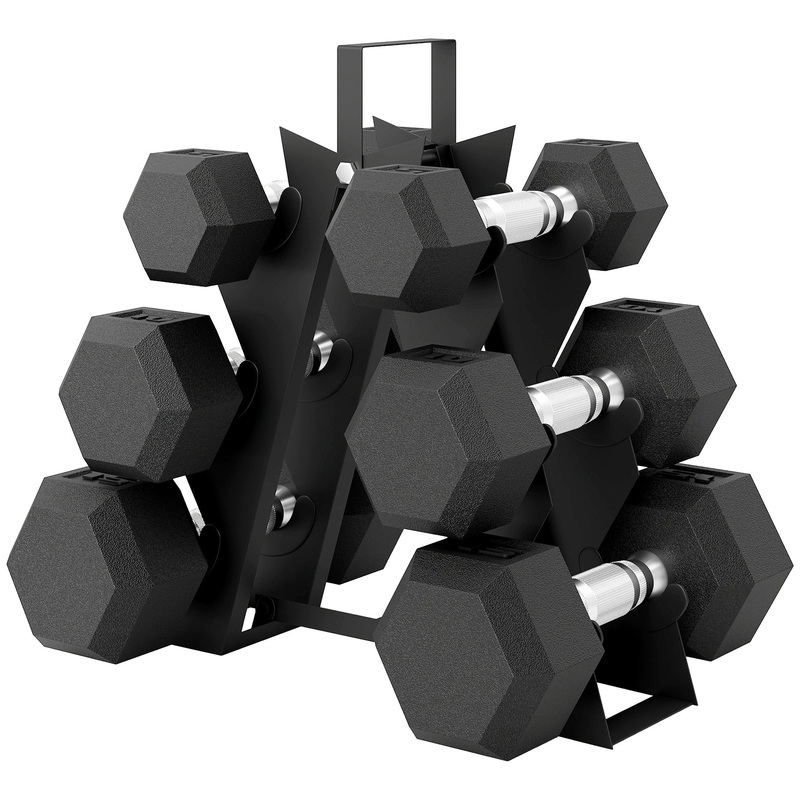 60 LBS Hex Dumbbell Set with Rack, Rubber Coated Weights, Non-Slip Handles