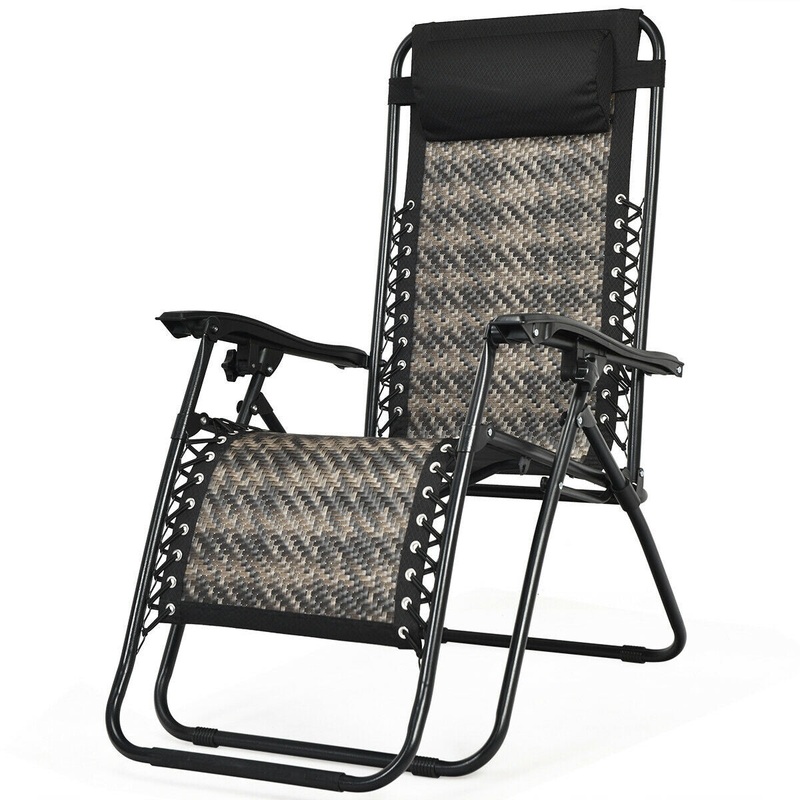Folding Rattan Zero Gravity Lounge Chair with Removable Head Pillow, Gray