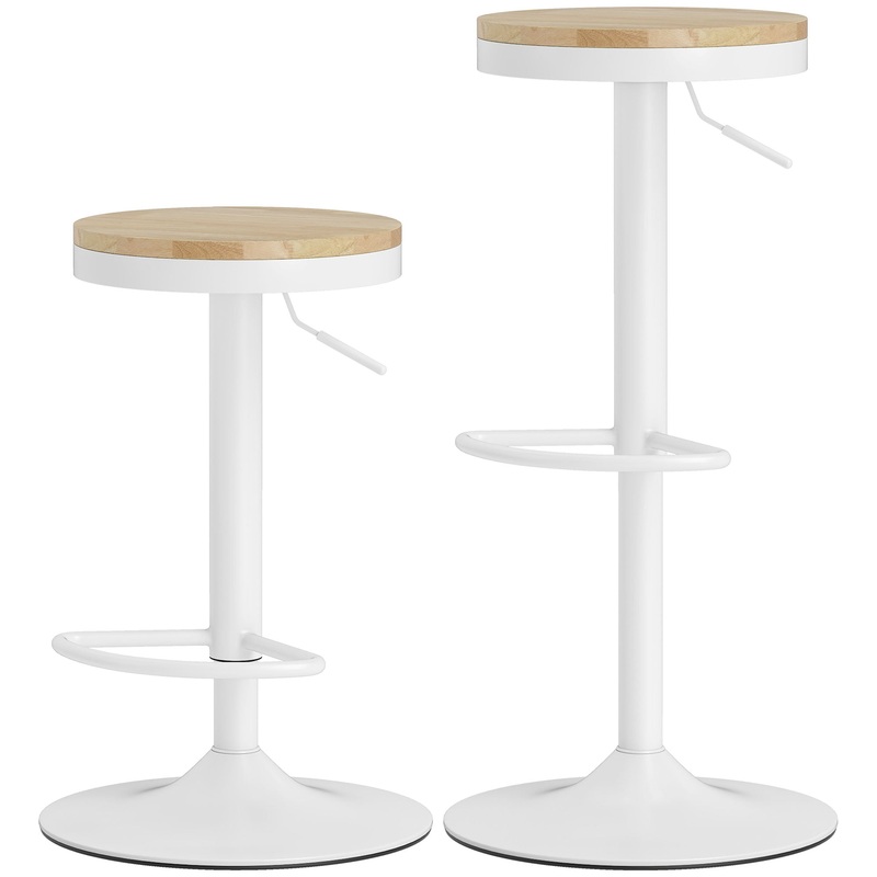 Swivel Bar Stools Set of 2, Adjustable Height, Natural Wood, White