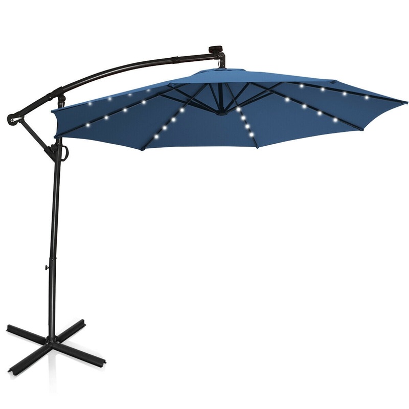 10 ft 360 Rotation Solar Powered LED Patio Offset Umbrella without Weight Base, Blue