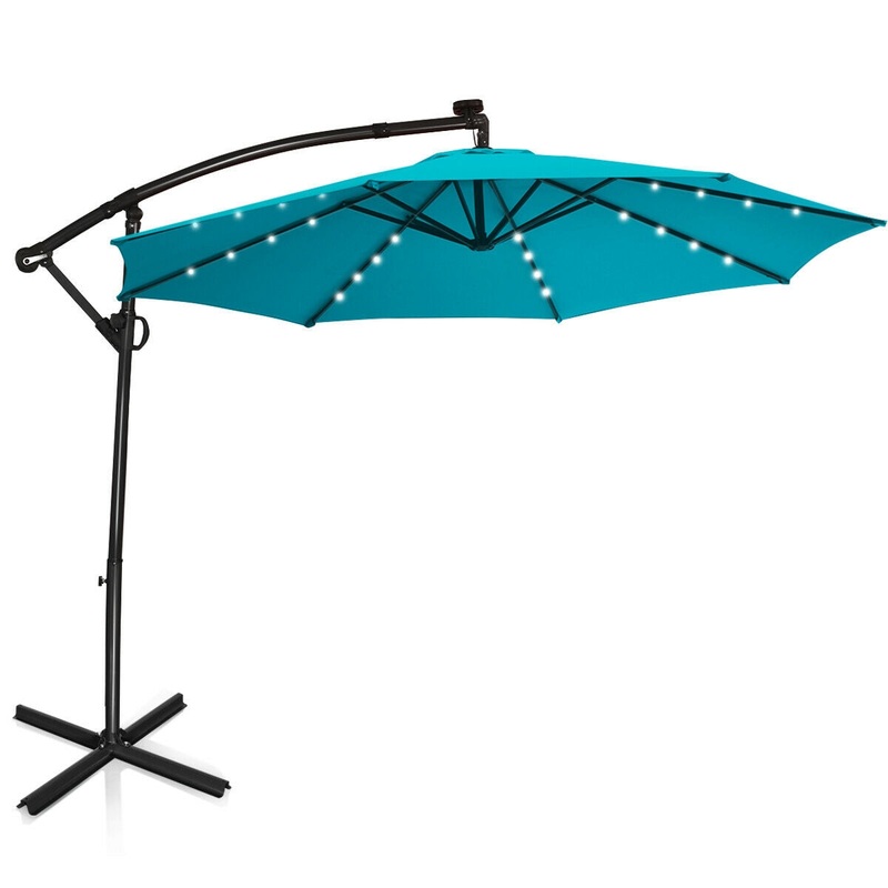 10 ft 360 Rotation Solar Powered LED Patio Offset Umbrella without Weight Base, Turquoise