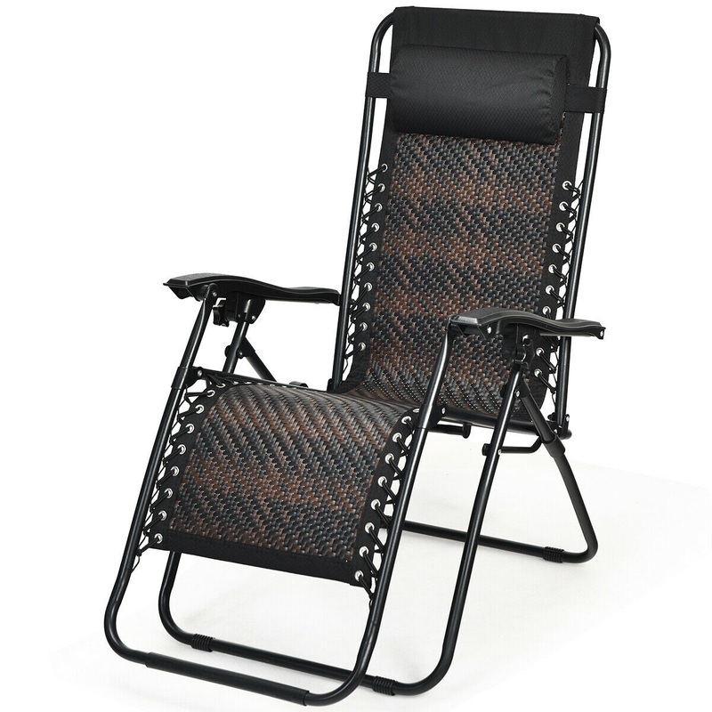 Folding Rattan Zero Gravity Lounge Chair with Removable Head Pillow, Brown