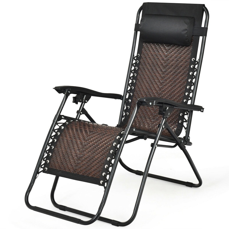 Folding Rattan Zero Gravity Lounge Chair with Removable Head Pillow, Light Brown