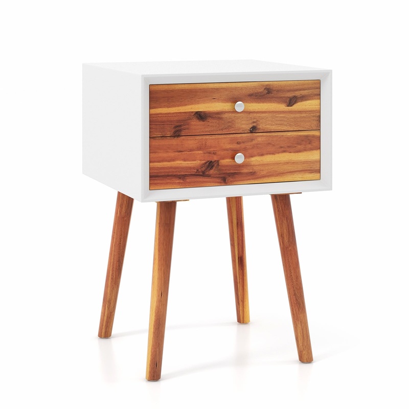 Wooden Nightstand Mid-Century End Side Table with 2 Storage Drawers, Brown