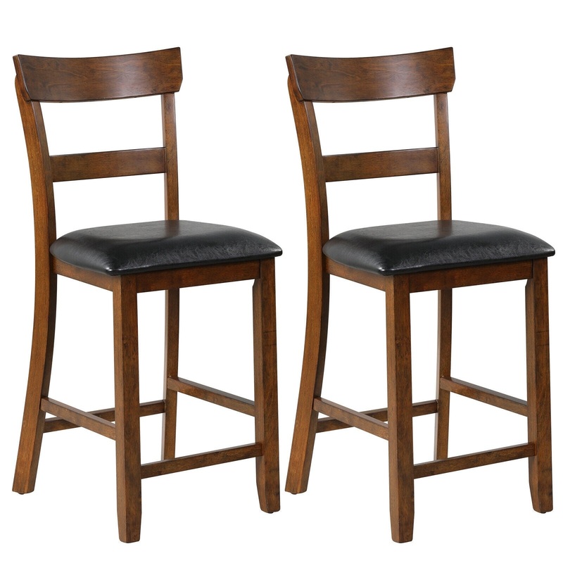 2 Pieces Counter Height Chair Set with Leather Seat and Rubber Wood Legs, Brown