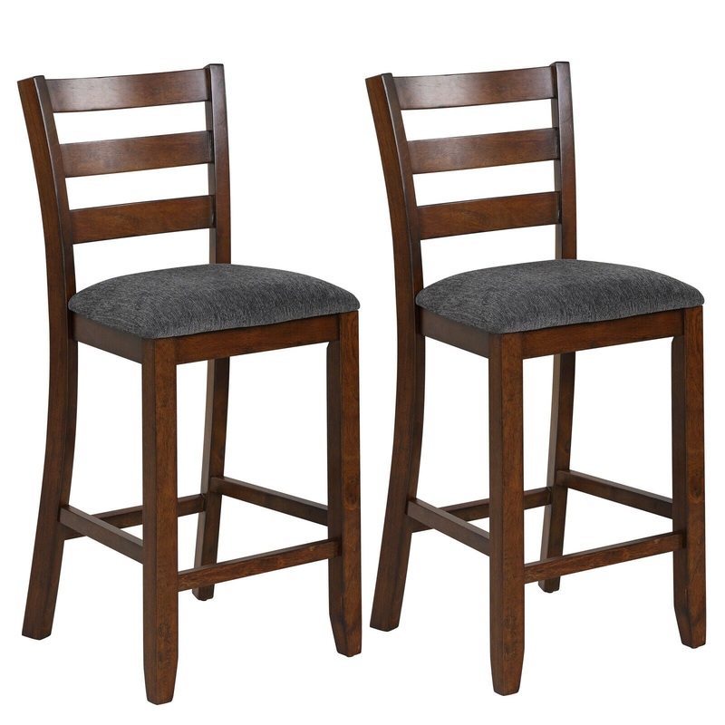 2 Pieces Counter Height Chairs with Fabric Seat and Rubber Wood Legs, Brown