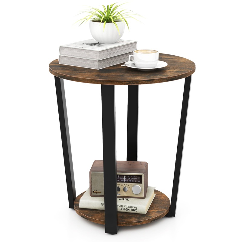 2-Tier Round End Table with Storage Shelf and Metal Frame, Brown
