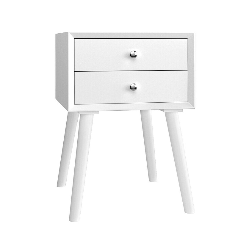 Wooden Nightstand Mid-Century End Side Table with 2 Storage Drawers, White