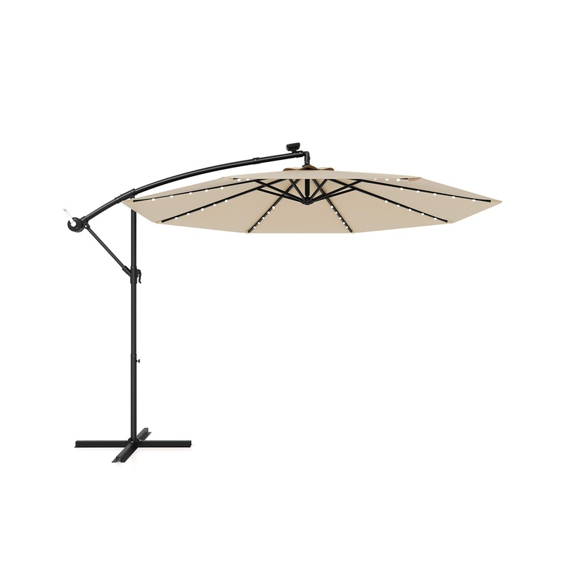 10 Feet Solar Offset Hanging Umbrella with 40 Lamp Beads and Solar Panel, Beige