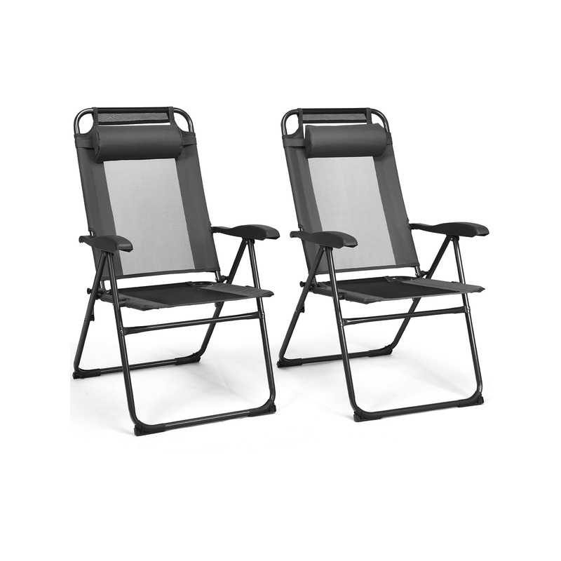 2 Pieces Patio Adjustable Folding Recliner Chairs with 7 Level Adjustable Backrest, Gray