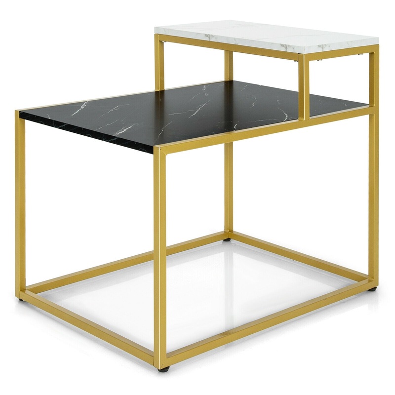 2 Tier End Side Table with  Metal Frame and Storage Shelf for Living Room, White