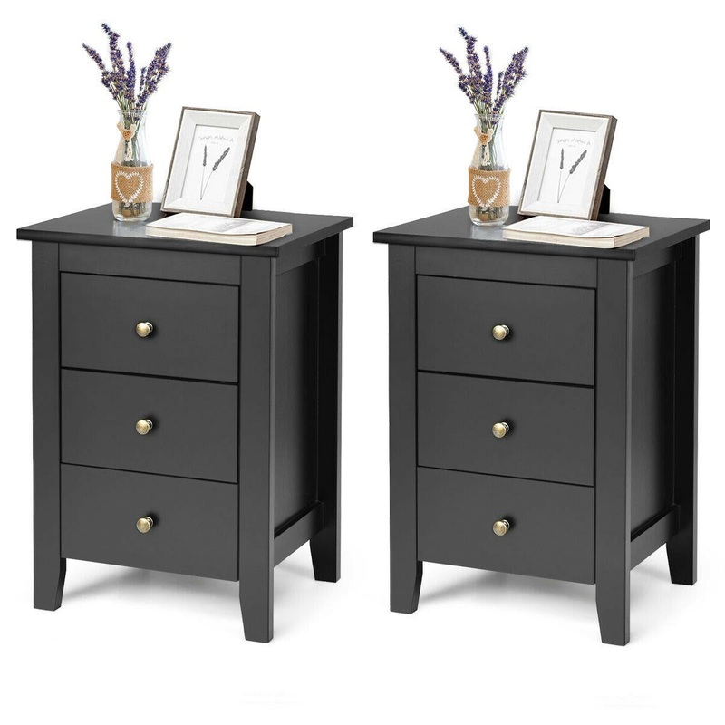 Set of 2 Nightstand End Beside Table Drawers, Black