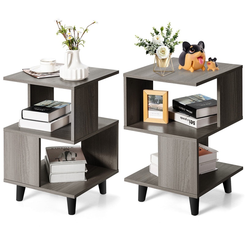 2 Pieces Wooden Modern Nightstand Set with Legs for Living Room, Gray